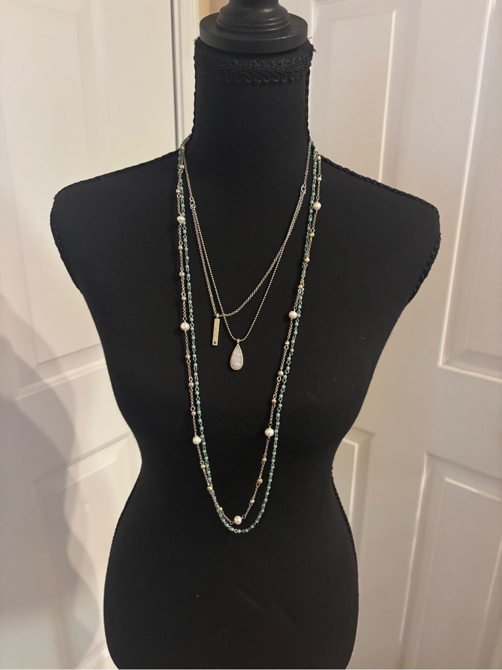 Lucky Brand Gold/Silver Tone Layered Necklace with Turquoise Beads and Pearls
